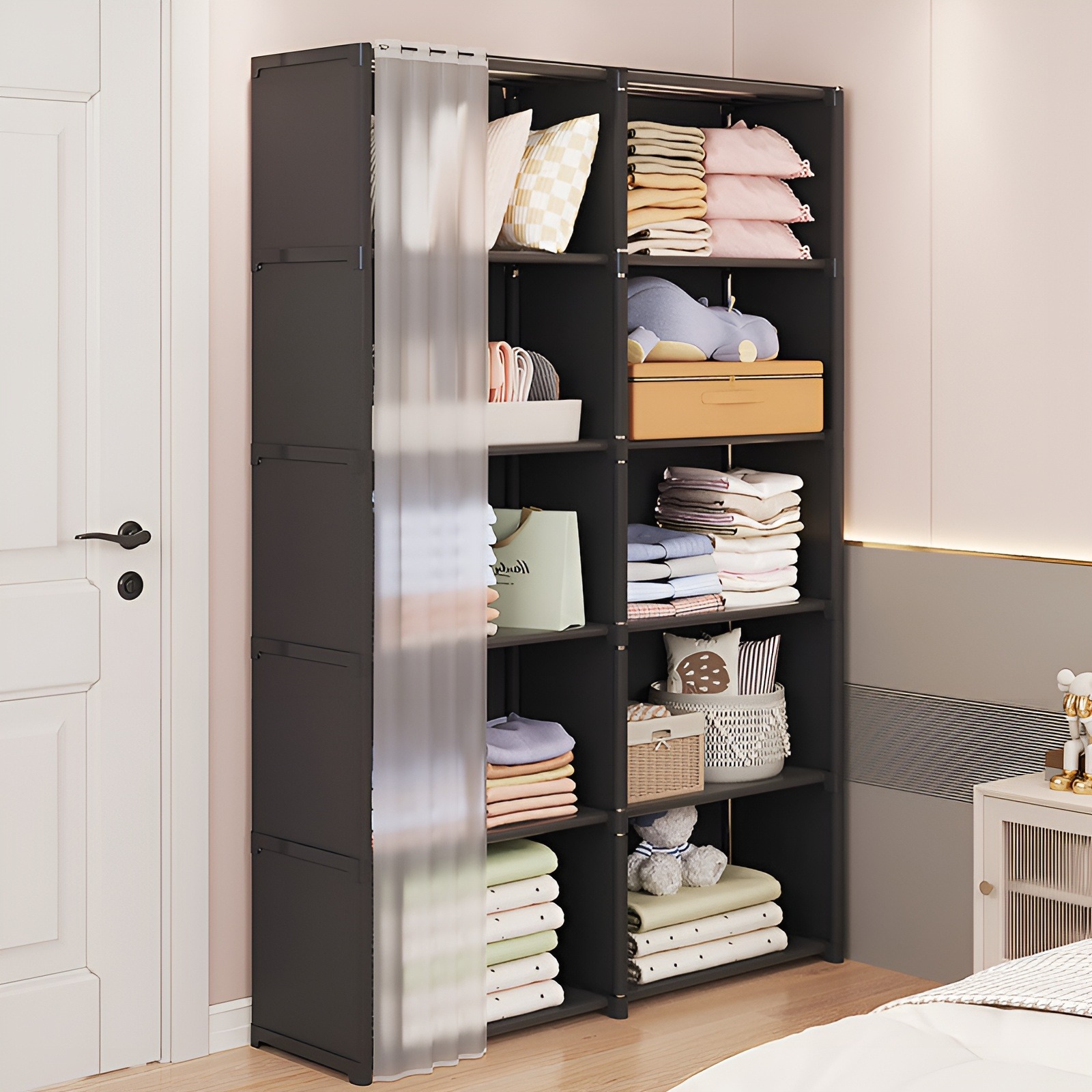 Sports Equipment Cabinet - 6-laags slaapkamerkledingkast opbergrek kledingkast met gordijn
